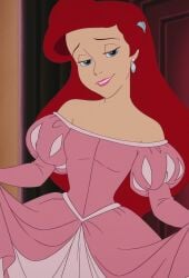 1girl ai_generated ariel ariel_(the_little_mermaid) bare_shoulders bedroom_eyes blue_eyes caucasian caucasian_female disney disney_princess dress earrings eyelashes gown hair_ornament half-closed_eyes light_smile lips long_hair looking_at_viewer off_shoulder off_shoulder_dress pink_dress princess red_hair sandlecrantz_(ai_generator) seductive seductive_smile smile