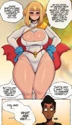 1boy 1girls bare_legs bare_thighs big_breasts blonde_hair blue_eyes blush color english_text female hi_res huge_breasts jimmy_olsen jimmy_olsen_(my_adventures_with_superman) large_breasts light-skinned_female light_skin male male/female massive_breasts my_adventures_with_superman saltyxodium short_hair supergirl supergirl_(my_adventures_with_superman) superman_(series) text text_bubble thick_thighs