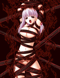 1girls bondage breasts dark_sakura fate/stay_night fate_(series) female hair_ribbon kanmu_ryou large_breasts long_hair matou_sakura naked_ribbon red_eyes ribbon solo tied_up white_hair