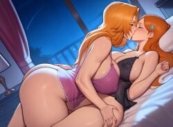 2girls ai_generated big_ass bleach female female_only ginger inoue_orihime kiss kissing long_hair lying lying_on_back massive_breasts matsumoto_rangiku nightgown nipples_visible_through_clothing red_hair s00bai thick_thighs wide_hips yuri