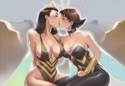 2girls ai_generated ant-man_(series) avengers big_ass big_breasts big_thighs breasts curvaceous curvy curvy_figure digital_media_(artwork) female hips hourglass_figure huge_ass huge_breasts huge_thighs janet_van_dyne large_ass large_breasts large_thighs legs light-skinned_female light_skin marvel marvel_comics mature mature_female phophopho queen queen_bee slim_waist thick thick_hips thick_legs thick_thighs thighs voluptuous waist wasp_(marvel) wide_hips wide_thighs yuri
