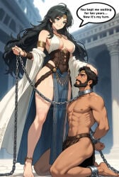 ai_generated black_hair breasts chained chains chest collar couple dominant_female english_text female_dom greek_mythology hand_on_hair hand_on_head husband_and_wife kinky leash leash_play leash_pull leashed_collar long_hair male_sub married_couple nude nude_male nudity odysseus odysseus_(mythology) odyssey odyssey_(homer) penelope_(mythology) petting_head revenge submissive_male
