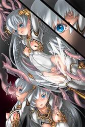 ar_tonelico blue_eyes blush bodysuit braid breastless_clothes breastless_clothing breasts catradio censored clothing highres long_hair medium_breasts shurelia silver_hair slime stockings tears tentacle thighhighs twin_braids very_long_hair