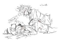 2girls animal_ears arknights bird_ears bird_girl bottomless chinese_text clothed_sex commentary_request cum cumdrip demon_girl demon_horns demon_tail extra_ears feet_out_of_frame fiammetta_(arknights) futa_with_female futanari greyscale halo highres horns long_sleeves monochrome mostima_(arknights) multiple_girls panties panties_around_one_leg prone_bone qianxidasuan_(suan_wu_cao) sex sex_from_behind shirt simple_background skirt tail tail_wagging translation_request underwear white_background