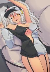 1girls aviemelonn boobs breasts female female_focus female_only grey_couch grey_hair human j_(murder_drones) laying_on_couch murder_drones sexy_female sexy_pose solo solo_female solo_focus thick_thighs thighs