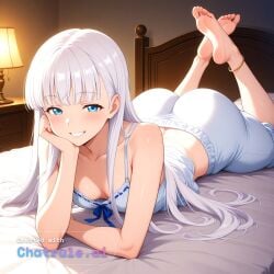 1girl ai_assisted ai_generated anklet bare_shoulders barefeet bedroom blue_eyes cleavage curvy_body detailed_feet eyes_half_closed feet_up grin long_hair looking_at_viewer narrow_waist official_art petite prone_position round_ass small_breasts soft_breasts source_anime the_pose tired white_hair wide_hips