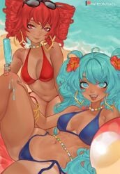 2girls beach beach_ball bikini bracelet brazilian_miku brazilian_teto drill_hair earrings female female_focus female_only hatsune_miku kasane_teto looking_at_viewer nail_polish red_eyes red_hair sunglasses sunglasses_on_head tagme tan_body tan_skin tanned tanned_skin tsuchu0 turquoise_eyes turquoise_hair twintails very_long_hair vocaloid