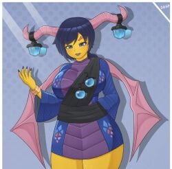 big_ass big_boobs big_breasts big_thighs blue_eyes blue_hair boobs breasts horns human_female humanized lego ninjago ninjago:_dragons_rising rontu_(ninjago) sesp tight_clothing tits wings yellow_body