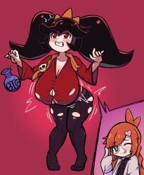 2girls angry_face ashley_(warioware) ass_expansion barefoot bat_bastard big_ass big_breasts black_hair blue_eyes bodysuit breast_expansion cleavage curvy dress_shirt ginger_female ginger_hair glasses growth hair_ornament horny_female labcoat long_hair looking_at_viewer looking_up nintendo orange_hair pantyhose penny_crygor potion_bottle red_eyes shortstack simple_background suprised_look thumbs_up tongue_out torn_clothes twin_braids twintails warioware white_skin