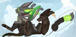 alien animal_genitalia animal_penis anthro black_pawpads blue_eyes blush canid canine close-up dipstick_tail duo facial_markings feline_genitalia feline_penis forehead_gem gem genitals green_blush green_inner_ear green_markings green_sclera grey_body head_markings hi_res looking_aside male male/male mammal markings multi_tail pawpads penetration penile_spines penis penis_in_sheath pink_pupils plantigrade pupils sex sheath sheath_penetration sheath_play shockinglylazy tail tail_markings tear_(marking) tongue tongue_out