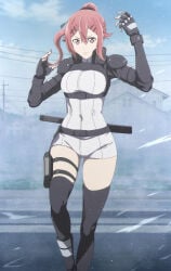 1girls black_torch breasts clothed fingerless_gloves hips ichika_kishimojin looking_at_viewer medium_breasts red_eyes red_hair screencap stitched thick_thighs thighhighs thighs wide_hips