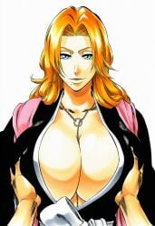 1boy 1girls accurate_art_style accurate_body_type ai_generated between_breasts big_breasts black_kimono bleach blue_eyes breast_grab breasts breasts_bigger_than_head busty cel_shading chain_necklace cleavage cleavage_focus closed_mouth clothed clothing collarbone facing_viewer female female_focus front_view grabbing grabbing_another's_breast hair_over_shoulder haori hetero highres huge_breasts japanese_clothes jewelry kimono large_breasts light-skinned_female light_skin line_art long_hair looking_at_viewer manga_style matsumoto_rangiku mature_female mole mole_under_mouth necklace no_bra orange_hair pink_scarf pov_hands sash scarf shawl shihakusho shinigami shiny_hair shiny_skin simple_background smile solo solo_focus standing tite_kubo_style traditional_clothes upper_body wavy_hair white_background white_sash wide_sleeves