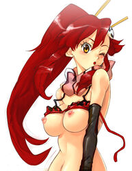 1girls bikini_top blush boyaking bra bra_lift breasts elbow_gloves female female_only gloves highres lingerie long_hair nipples nude open_mouth ponytail red_hair scarf solo tengen_toppa_gurren-lagann tengen_toppa_gurren_lagann tied_hair underwear untied upper_body wink yellow_eyes yoko_littner