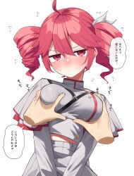 2d 2d_(artwork) ahoge anonymous_character blush blushing blushing_at_viewer blushing_female breast_play breast_squeeze breasts_grab breasts_squeezed_together clothed_female cute cute_face cute_female grabbing grabbing_another's_breast grabbing_breasts hands_on_chest hands_out_of_frame holding_breast japanese_text kasane_teto kasane_teto_(sv) long_sleeves medium_breasts menbou_(menbow3v) nervous_expression nervous_face nervous_female nervous_sweating pov pov_hands red_cheeks red_ears red_eyes red_hair ribbon shy simple_background sweat sweatdrop sweating synthesizer_v translation_request twin_drills twindrills utau white_background white_hands white_ribbon white_skin white_skinned_female yellow_buttons