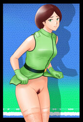 1girls 2009 2d 2d_(artwork) bottomless breasts brown_hair emma_sheen female female_only gabu_(artist) gloves green_eyes gundam hi_res highres human leggings light-skinned_female light_skin looking_at_viewer looking_back no_panties pubes pubic_hair short_hair solo thighhighs zeta_gundam