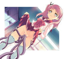 blush bottomless clothing female kawata_hisashi maaryan multiple_insertions photoshop pink_hair pussy skirt solo stockings stomach_bulge tentacle to_heart_(series) to_heart_2 uncensored uniform