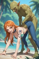 1girl ai_assisted ai_generated beach bent_over bikini bikini_top_only bracelet brown_eyes cock_in_pussy collar cowboy_shot cowgirl creampie dutch_angle earrings embarrassed high_heels inside jeans jewelry leaning_forward long_hair looking_at_viewer moaning nami nami_(one_piece) one_piece orange_hair outdoors outside pants parted_bangs pussy_sex saliva shaking side_view smile source_anime spread_legs standing_doggystyle swimsuit tattoo tree