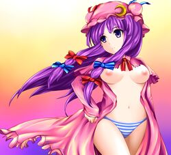 blue_panties breasts crescent dress female female_only hat highres human long_hair nipples no_bra open_dress panties patchouli_knowledge purple_eyes purple_hair ribbon solo striped striped_panties touhou underwear yoshimo