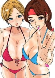 2girls bikini blonde_hair blue_eyes braid breasts brown_eyes brown_hair king_(snk) king_of_fighters light-skinned_female light_skin long_hair looking_at_viewer pale-skinned_female pale_skin ponytail short_hair smile swimsuit tits tucon_b yuri_sakazaki