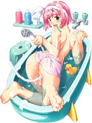 1girls ass bad_feet barefoot bath_stool bathing bathtub copyright_request feet female from_above from_behind green_eyes highres kuuchuu_yousai looking_back pink_hair rubber_duck sexually_suggestive short_hair shower_head smile soles solo stool toes toothbrush topless towel