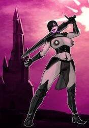 1girls black_hair castle castle_background covered_nipples dnd_character loincloth melee_weapon original original_character pauldrons pierced_tongue piercing pussy see-through_loincloth shoulderpads sword timur24k tongue_piercing vagina
