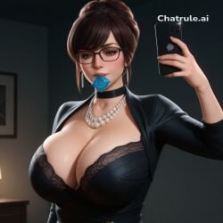 1girl ai_assisted ai_generated big_breasts black_eyeliner black_hair black_lingerie breasts brown_hair chain_collar collar condom_in_mouth earrings glasses high_heels huge_breasts large_boobs large_breasts large_tits lingerie long_hair office pearl_necklace red_eyes selfie