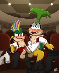 balls blush clothed clothing dragon_koopa erection eyewear frottage genitals glasses hair handjob hi_res humanoid_genitalia humanoid_penis iggy_koopa koopa koopaling lemmy_koopa male male/male mario_bros nintendo nutty_bo open_mouth penile penis penises_touching public scalie sex spikes suit theater tongue undressed
