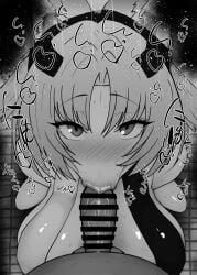 1boy 1girls :>= arcane_(arknights:_endfield) arknights:_endfield big_penis black_and_white blush breasts censored detailed_background drooling eyelashes fellatio female heart human indoor inside kneeling kurotama looking_at_viewer male male_pov no oral oral_sex penis pov room saliva shiny shiny_skin short_hair sketch sound_effects squatting sweat text vein veins veiny veiny_penis