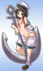 1girls anchor black_hair breasts female green_eyes hat highres minamitsu_murasa no_panties open_fly open_shorts sailor sailor_hat sailor_suit short_hair shorts solo touhou yoshi_tama