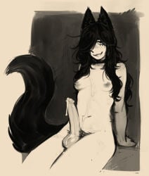 1girl animal_ears black_background body_freckles border breasts collar commentary completely_nude cowboy_shot cum cum_on_body cum_on_penis cum_on_testicles erection female_pubic_hair fox_ears fox_girl fox_tail freckles futanari grey_border greyscale hair_over_one_eye invisible_chair ittla looking_at_viewer monochrome nipples nude one_eye_covered original outside_border penis pubic_hair simple_background sitting small_breasts smile solo tail testicles uncensored untranslatable_commentary