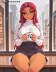1girl 1girls ai_generated blush breasts camel_toe cameltoe cleavage clothed clothed_female curvy dark_skin dark_skinned_female female female_focus female_only focus fringe fully_clothed ginger ginger_female ginger_hair green_eyes green_sclera koriand'r large_breasts mewmimi nipples nipples_covered nipples_visible_through_clothing orange_skin pussy red_hair sfw solo solo_female solo_focus starfire starfire_(comics) starfire_(teen_titans) tan_body tan_skin teen_titans teeth tight_clothes tight_clothing uncensored