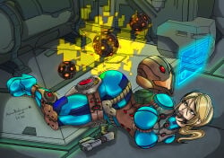 1girls armabiologica arms_behind_back ball_gag blonde_hair blue_clothing bondage bound bound_ankles bound_arms bound_legs english_text female female_only femsub fully_clothed gag gagged gun machine_bondage mechanical_fixation metroid samus_aran shiny_clothes steel_bondage text tight_clothing weapon zero_suit zero_suit_samus