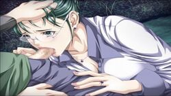 bad_aspect_ratio earrings fellatio game_cg gibo_no_toiki_~haitoku_kokoro_ni_tadayou_haha_no_iroka~ glasses green_eyes green_hair hand_on_head highres jewelry jpeg_artifacts kudou_tamae necklace oral penis ring