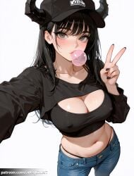 1girl ai_generated arlequin097 baseball_cap black_eyes black_hair black_headwear black_horns black_nails black_panties black_shirt blue_pants blush breasts bubble_blowing chainsaw_man chewing_gum cleavage collarbone covered_nipples crop_top cropped_shirt denim hat highleg highleg_panties horns jeans large_breasts long_hair long_sleeves looking_at_viewer midriff mitaka_asa nail_polish navel panties pants panty_straps selfie shirt shrug_(clothing) simple_background solo standing stomach thong underwear v white_background