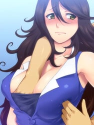 bare_shoulders between_breasts blush breast_grab breast_poke breast_press breasts brown_hair grope groping gundam gundam_00 hairu hand_between_breasts huge_breasts long_hair poke poking sumeragi_lee_noriega yellow_eyes