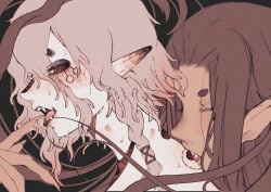 2boys 2d 2d_(artwork) bite bite_mark blush blushing fangs hairband half-closed_eyes hickey kiri kusuriuri_(mononoke) long_ears long_hair long_nails makeup male male/male male_only mononoke nails nails_painted pointy_ears saliva saliva_string saliva_trail sweat sweatdrop sweating tagme_(artist) tear tears
