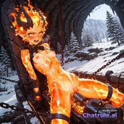 1girl ai_assisted ai_generated blushing cave cinematic_lighting dominated dynamic_angle facing_viewer fiery_hair flame_atronach foliage forced_orgasm high_quality highres horns legs_spread looking_at_viewer monster_girl mouth_open nipples petite_body pointy_ears ripped_clothes skinny small_breasts small_tits snow solo solo_female the_elder_scrolls tiny_tits unable_to_move unable_to_resist young