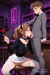 1boy ai_assisted ai_generated arm_rest bar black_eyes black_necktie brown_hair cat_ears closed_mouth cock_in_pussy collar collarbone creampie deepthroat grey_jacket grey_pants grey_suit group_sex hand_up inside kneeling library looking_at_viewer male_focus moaning night on_stool parted_bangs ponytail pussy_sex saliva seductive_smile shaking shelf short_hair side_view sitting solo spread_legs white_collared_shirt white_stockings