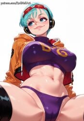 1girl 2026 ai_generated anime aqua_hair blue_eyes blue_hair boobs breasts bulma bulma_(dragon_ball) bulma_briefs cameltoe cleavage covered_nipples crop_top cropped_jacket crossover dragon_ball eyewear_on_head female female_focus headphones highres huge_breasts jacket large_breasts lips midriff navel nsfw panties patreon purple_panties rognezart short_hair simple_background smile smiling solo spread_legs thighhighs underwear white_background