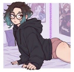 ai_generated big_ass brown_hair bubble_ass cum cum_on_ass cute_face female glasses heart-shaped_pupils kyokalovesxo laying_down light-skinned_female moles nerd nice_ass original_character panties petite petite_body petite_female pulling_down_pants short_hair slender_body socks soft_ass split-color_hair teal_hair wedgie younger_female youthful_features