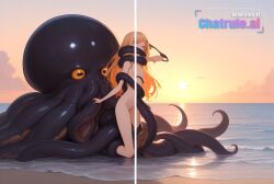 1440p 1girl 8k ai_assisted ai_generated beach cinematic flat_chest freckles navel nipples nude skinny slim_body small struggling sunset tentacles tight_pussy uhd worried young youthful