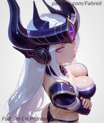 1girl 1girls ai_generated armor arms_under_breasts ass back bikini bikini_armor blush breasts butt_crack cleavage closed_mouth comfyui cowboy_shot crossed_arms detached_collar detached_sleeves dimples_of_venus ear_protection elbow_gloves expressionless eyelashes fahreit fake_horns forehead_jewel forehead_protector from_above from_behind from_side gem gloves grey_background half-closed_eyes helmet horns large_breasts league_of_legends lips long_hair looking_at_viewer looking_back looking_up makeup nose panties patreon patreon_username pauldrons pink_eyes purple_eyes shiny_skin shoulder_armor simple_background solo stable_diffusion standing swimsuit syndra thong underwear very_long_hair white_background white_hair
