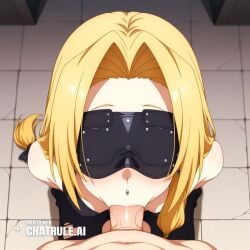 1girl ai_assisted ai_generated anime_screencap balls_deep blonde_hair chin_piercing deep deepthroat dominated facing_viewer green_eyes hair_intakes hands_behind_back high_quality highres petite_body pov quetzalcoatl ripped_clothes sitting_on_knees skinny small_breasts small_tits tiny_tits young