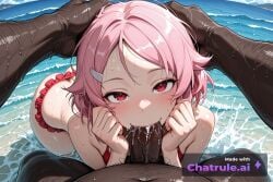 1girl ai_assisted ai_generated blowjob blue_sky butt_crack curvy deepthroat fat_man frilled_bikini frills full_body hairclip hairy_man hands_on_cheeks head_grab head_tilt large_penis lisbeth looking_at_viewer naked naughty_face nude ocean partially_submerged pink_hair pose pov red_bikini red_eyes sea_background sexy short_hair small steam sweat sword_art_online waves