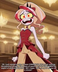 hazbin_hotel hazbin_hotel_(season_2) charlie_morningstar_(hazbin_hotel) 1girls 1futa talking_to_viewer female_pov text dialogue futanari erection erection_under_clothes dress alternate_hairstyle trying_not_to_cum trying_to_resist hiding_erection aroused horny horny_futa ballroom ai_generated