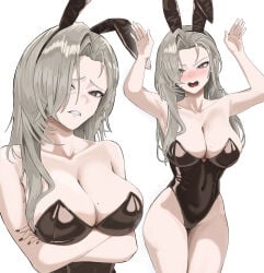 1girls animal_ear_hairband animal_ears armpits arms_under_breasts arms_up bare_shoulders black_leotard blonde_hair blush breasts cleavage clenched_teeth collarbone covered_navel crossed_arms embarrassed fake_animal_ears fold_(artist) goddess_of_victory:_nikke gold_nails grey_eyes grimace highleg_leotard large_breasts leotard long_hair looking_at_viewer mole mole_on_breast mole_under_mouth mrs._miss_(nikke) nail_polish navel open_mouth playboy_bunny rabbit_ears rabbit_pose simple_background solo standing strapless strapless_leotard thighs white_background