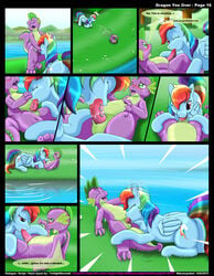 2012 blue_fur blush color comic cutie_mark day dialogue dragon dragon_you_over_(kitsune_youkai) english_text equine female feral friendship_is_magic fur green_eyes hair horse kitsune_youkai male multicolored_hair my_little_pony one_closed_eye oral oral_sex outdoors page_16 pegasus penis pony purple_eyes pussy rainbow_dash_(mlp) rainbow_hair sex spike_(mlp) sweat text water wings