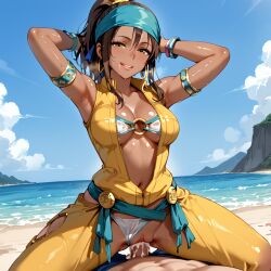 1girls ai_generated big_breasts brown_eyes brown_hair clothed clothed_female clothed_sex cowgirl cowgirl_position cum cum_inside cumming dark-skinned_female dark_skin erection hairband hard_cock inside king_of_fighters large_breasts long_hair outdoors panties pov public riding tan tan_skin thick white_panties zarina_(kof)