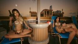 2girls boobs chair cyberpunk_2077 female female_genitalia female_only naked_female nipples nude nude_female pussy sexy tits titties vagina valerie_(cyberpunk_2077)