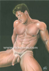1boy 2005 archived_source balls bara black_background dated flaccid gay light_skin male male_only muscular nipples penis pubic_hair real_person realistic rick_chris_(artist) simple_background solo spread_legs steve_cort tan_skin tanline traditional_media yaoi